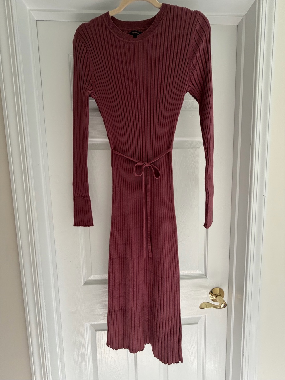 Quince Ribbed Knit Long Sleeve Self-Tie Belt Maxi Dress Women's Large Mauve